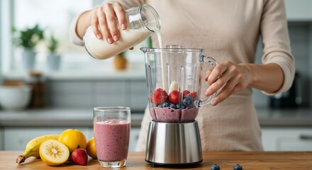 Woman pouring milk into blender with fruits for smoothie preparation  