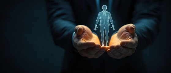 Naklejka premium Businessperson holding glowing digital hologram of human figure in suit, symbolizing technology and innovation in human resources and management