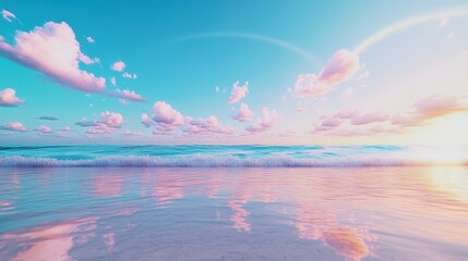 A stunning view of the sea with colorful clouds reflecting on calm waters, a rainbow in the sky, and waves crashing against sandy beaches. Focused stacking, colorful