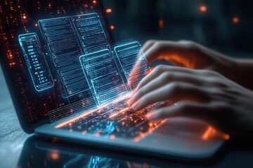 Close-up of hands typing on a laptop keyboard with futuristic holographic code and data projections, symbolizing digital programming and technology innovation