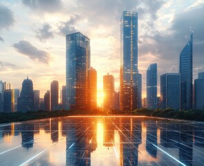 Sunset over modern city skyline with tall glass skyscrapers reflecting on a shiny tiled surface, illuminating urban architecture with warm golden light