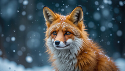 Obraz premium Majestic fox with striking amber eyes gazes alertly in a soft snowfall