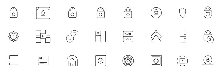 Collection of Black Line Icons Representing Security Settings and Miscellaneous Functions Suitable for Web or App Design