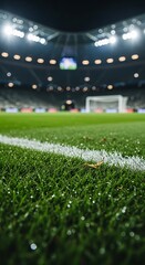 Naklejka premium Close-up of a soccer field with white lines and dew drops, stadium lights blurred in the background.