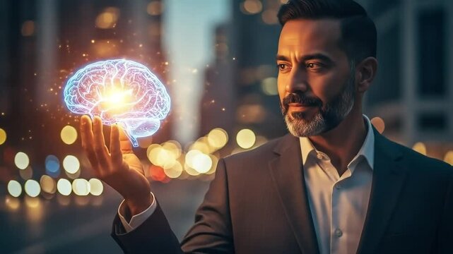 A visionary professional holds a glowing digital brain, representing innovation and smart solutions in a dynamic urban environment.