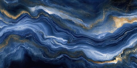Fototapeta premium Abstract flowing blue and white marble texture with swirling gold accents resembling natural mineral veins and waves