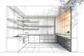 Modern kitchen design sketch featuring clean cabinetry, built-in appliances, open shelving, large window with natural light, and tiled floor creating a bright and spacious atmosphere