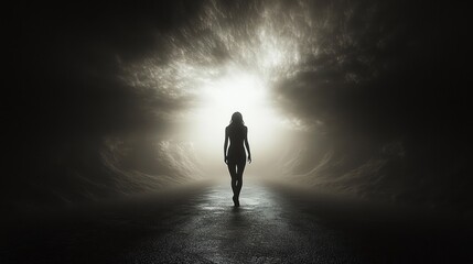 Silhouette of a lone person walking towards a bright, glowing light at the end of a dark tunnel, evoking mystery and hope