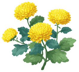 A vibrant arrangement of bright yellow chrysanthemum blooms with lush green leaves, showcasing nature's floral beauty and freshness.