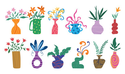 Colorful abstractive vector Plants, leaves and flowers with flat 2d illustration. Hand-drawn ceramic with decorative pattern pots and vases