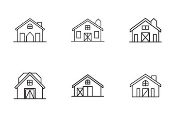 Collection of Barn House Icon Designs Minimalist Outline Style for Architectural Plans and Real Estate Marketing Material