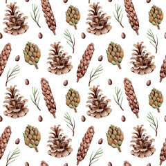 Seamless watercolor pattern. Botanical drawing. Hand drawn different types of cones, fir branches and nuts, isolated on white background. Design for printing on fabric.