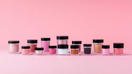 Luxurious collection of professional makeup products including eyeshadow palette, face powder, creamy foundation, lipstick, and beauty accessories arranged on pastel pink background in stylish long ba