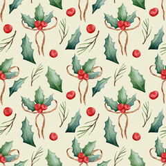 Seamless watercolor pattern. Botanical drawing. Hand drawn holly leaves and berries, rope bow isolated on color background. Design for printing on fabric.