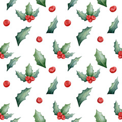 Seamless watercolor pattern. Botanical drawing. Hand drawn holly leaves and berries isolated on white background. Design for printing on fabric.