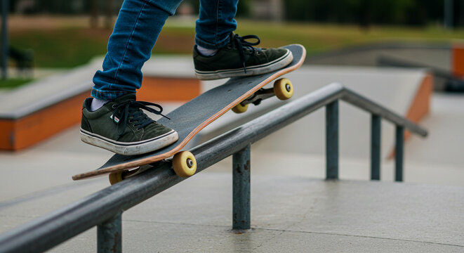 A person's legs and feet are visible as they grind along a metal rail on a skateboard, executing a common rail slide trick