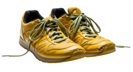 Worn yellow sneakers with sage laces