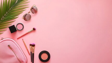 Flat lay of assorted professional makeup products on soft pink background with cosmetic bag, including eyeshadow palette, lipstick, face powder, makeup brushes, and beauty accessories for modern lifes