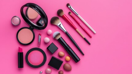 Assorted professional makeup products on pastel pink background with stylish cosmetic bag, including eye shadow palette, lipstick, powder compact, blush, brushes, and beauty accessories for modern fem