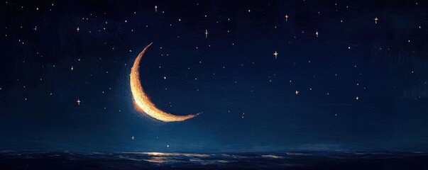 Naklejka premium Glowing crescent moon shining above calm sea under a starry night sky with scattered small stars emitting soft light