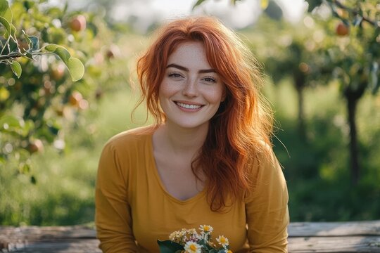 Smiling young woman with red hair and freckles wearing a mustard yellow shirt sitting outdoors among green fruit trees holding small white and yellow flowers - Powered by Adobe