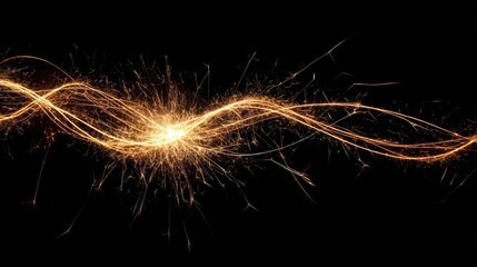 Gold sparks, intertwined, flowing lines on black