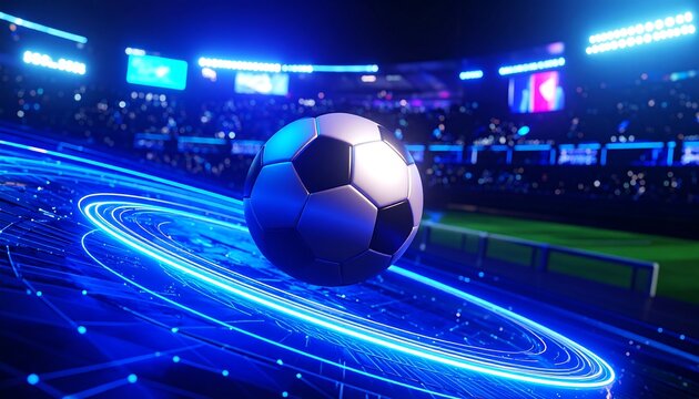 Dynamic Soccer Ball with Neon Trails in a Stadium Under Blue Lighting - Powered by Adobe
