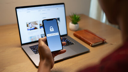 Person holding smartphone with password entry screen near laptop and notebook security