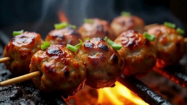 Shish kebab on skewers being grilled and served as a delicious barbecue meal