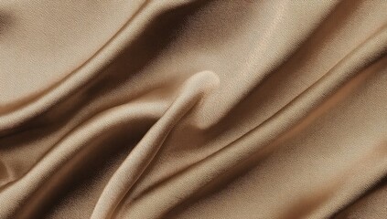 A close-up view of flowing, draped, light brown satin fabric