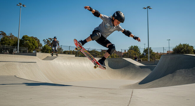 A young skateboarder in protective gear catches air on their skateboard while performing a trick at a skatepark on a sunny day