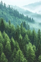 Obraz premium Dense foggy forest landscape with layers of vibrant green coniferous trees on rolling hills under soft morning mist