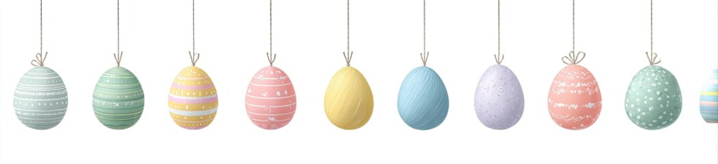 Eight pastel-colored, patterned Easter eggs hang from strings