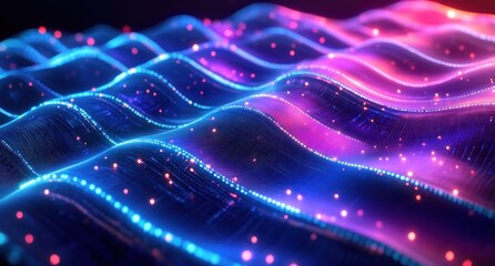 Abstract glowing blue and pink wavy digital lines with sparkling particles creating a futuristic and vibrant dynamic pattern