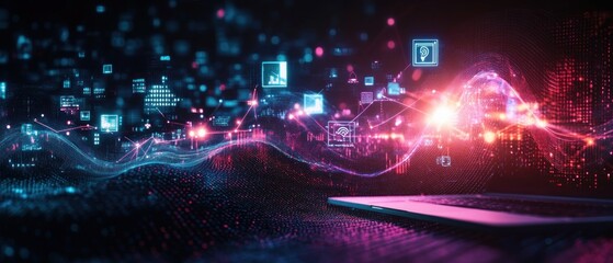 Obraz premium Futuristic digital interface with glowing data streams and icons emerging from an open laptop in a dark environment