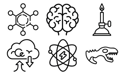Science and Laboratory Line Icons Chemistry, Physics, Biology, Space, Robotics, Data, and Medical Vector Icon Set for Education, Research, and STEM Projects