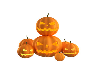 3D Render Pumpkin Halloween group with scary face and light eye. Isolated cutout Smile Evil Jack o lantern pumpkin head characters for trick or treat haunting in October holiday of fear ghost festival