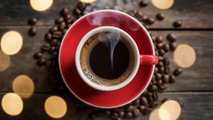 Steaming black coffee in a vibrant red cup, surrounded by roasted beans on a rustic wooden table with soft bokeh lights.