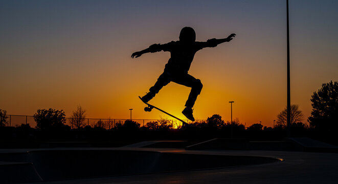 A silhouette of a skateboarder in protective gear performs an impressive mid-air trick against a vibrant, fading sunset sky - Powered by Adobe