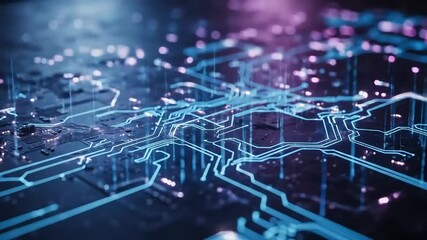 Vibrant blue and purple light trails illuminate a futuristic digital circuit board, symbolizing advanced technology and data connections. - Powered by Adobe