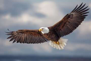 Obraz premium Majestic bald eagle soaring with spread wings against dramatic sky, capturing powerful form and feather details during golden sunrise or sunset. Wildlife conservation symbol in natural habitat.