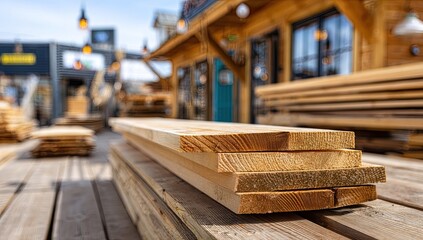 Stacked lumber planks in a lumberyard