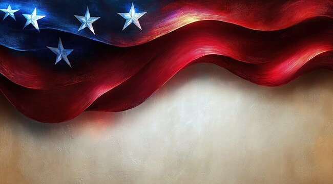 Close-up of a wavy red fabric with a blue section featuring silver stars, casting shadows on a textured light wall background, evoking a sense of movement and depth