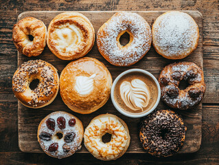 Fototapeta premium Assorted pastries and coffee on wooden board