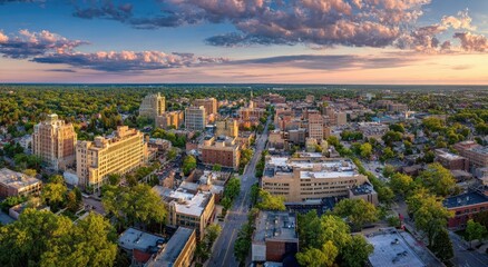 Naklejka premium Aerial view of a city at sunset. Urban sprawl, street network, residential and commercial buildings. Lush green trees and foliage throughout. Dramatic clouds and warm sunset hues