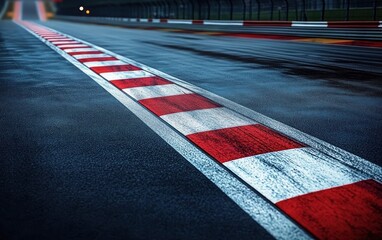 Close-up of a wet racing track curb with red and white stripes under overcast lighting capturing a moody and intense atmosphere