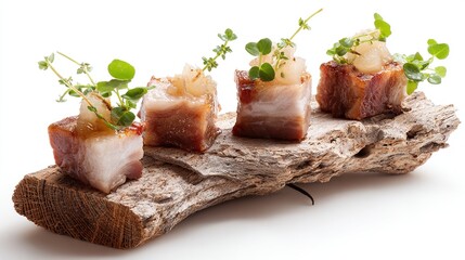 Gourmet pork belly cubes garnished with herbs atop a rustic wood slab against white