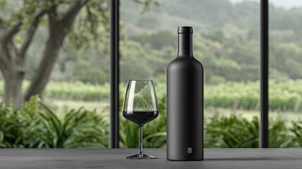 Sleek matte black wine bottle with a filled glass of red wine on a dark tabletop, set against panoramic vineyard views through large window panels