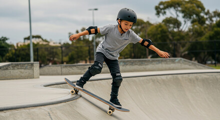 A boy wearing a helmet and pads is riding his skateboard on the edge of a concrete bowl at a skatepark on an overcast day