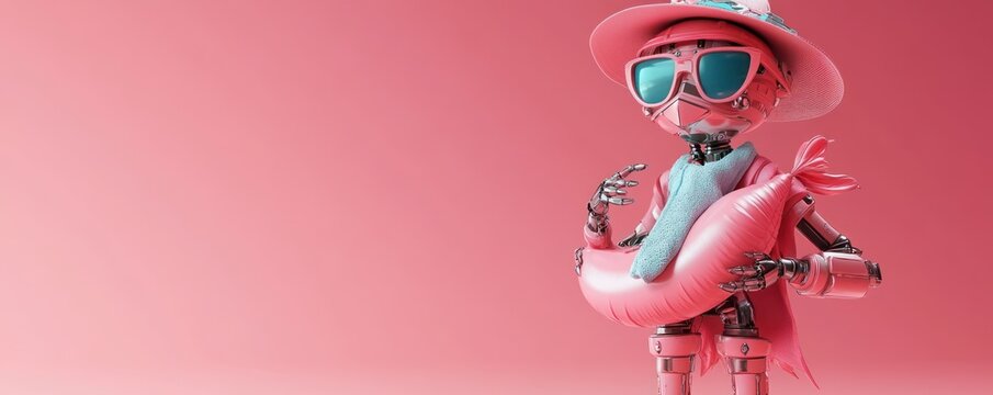 futuristic robot wearing a large sunhat and sunglasses holding a pink inflatable pool float against a pink background evoking a playful summer vibe - Powered by Adobe